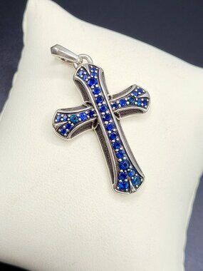 David Yurman Armory Cross Pendant w/ Blue Sapphires - RARE